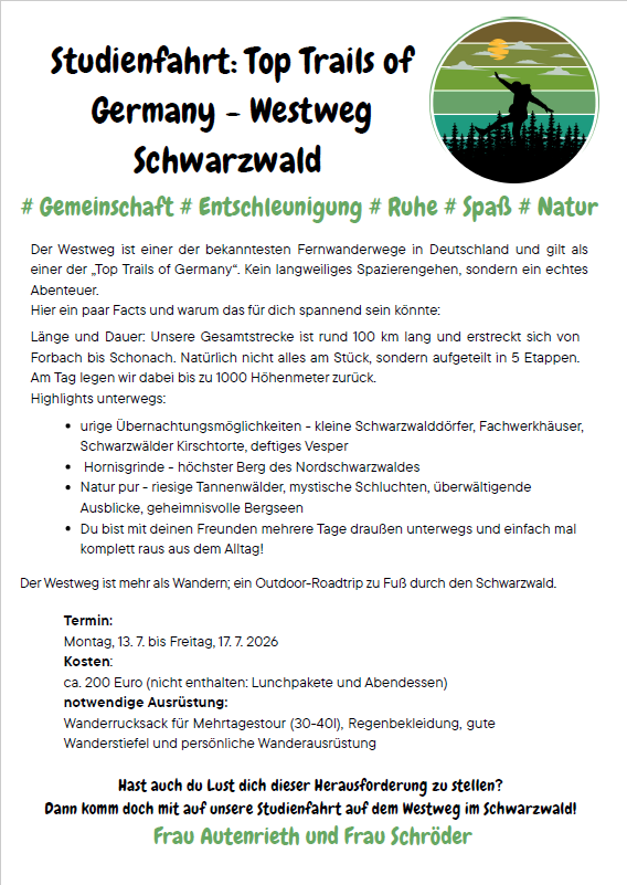 Studienfahrt Westweg - Schwartzwald